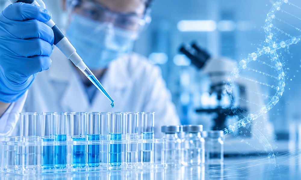 iotechnology laboratory with molecular graphics and lab glassware.