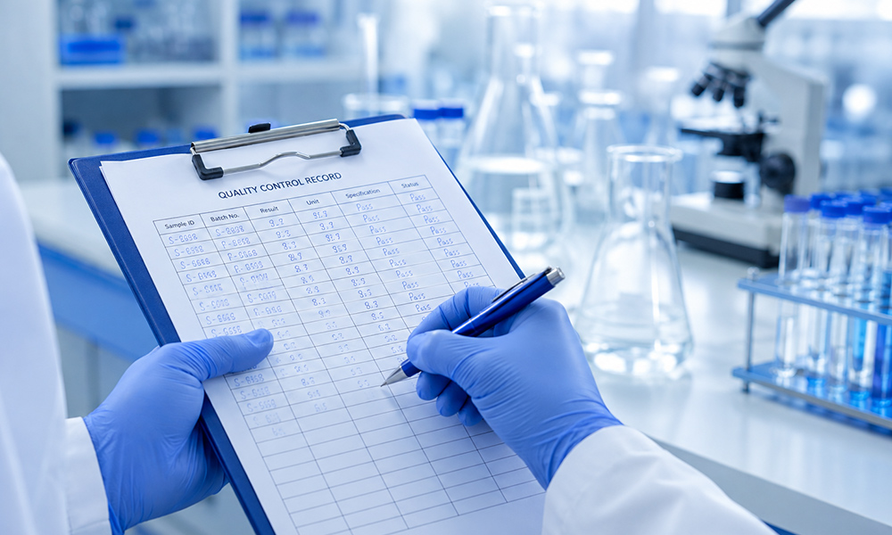 Laboratory technician recording quality control data on a clipboard